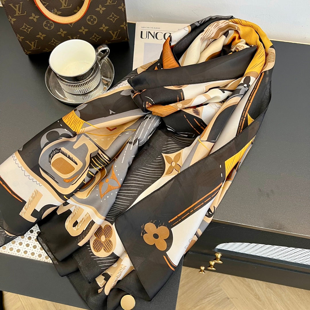 LV Long Scarf 180 Black Beige Colorful Mulberry Silk 172990
