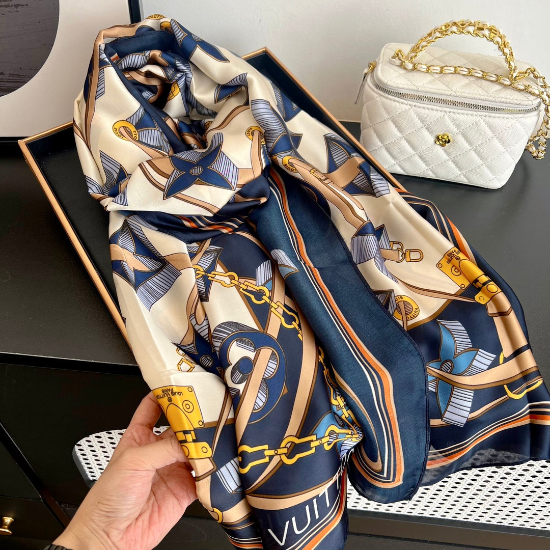 LV Long Scarf 180 Navy Blue Beige Colorful Mulberry Silk 172986