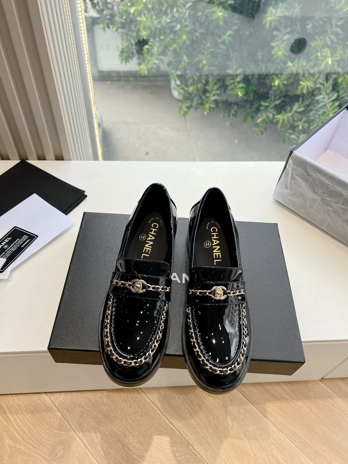 CC Moccasins Glossy Black Chain Lambskin