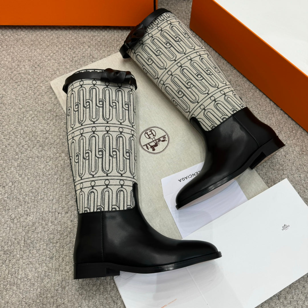 HM Jumping Boot In Black Mix White Calfskin And Burlap 973843