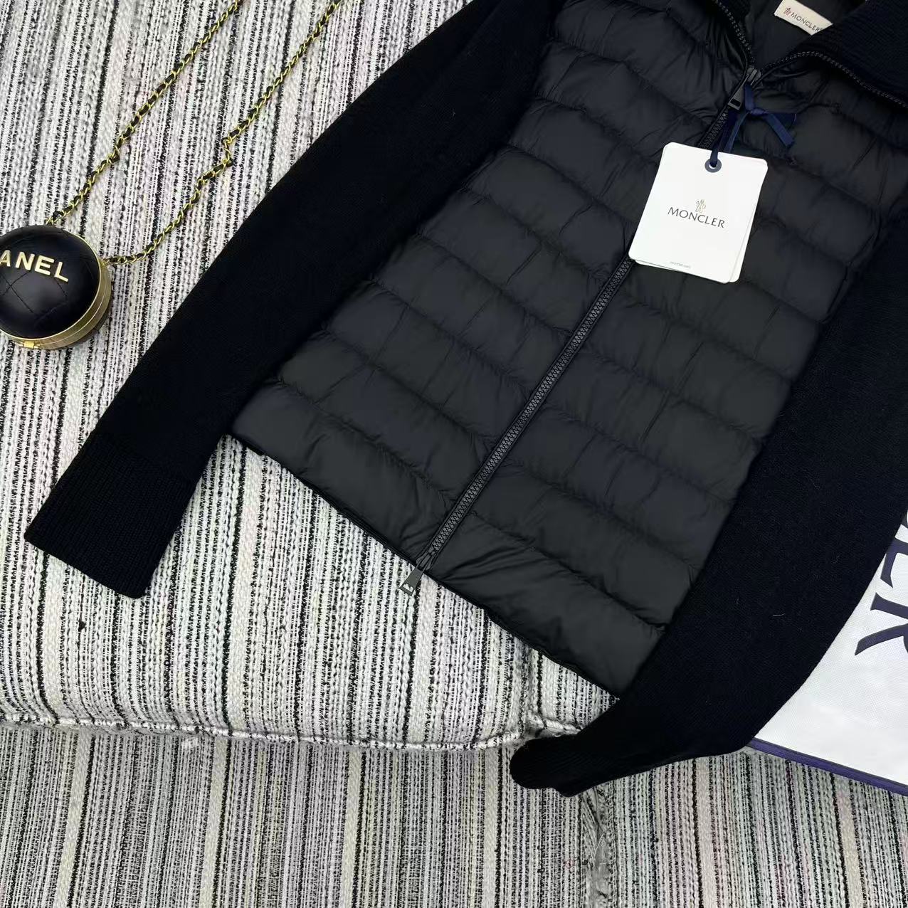 MC 2025 Quilted Knit-panel Puffer Jacket Black Polyester Wool 528747
