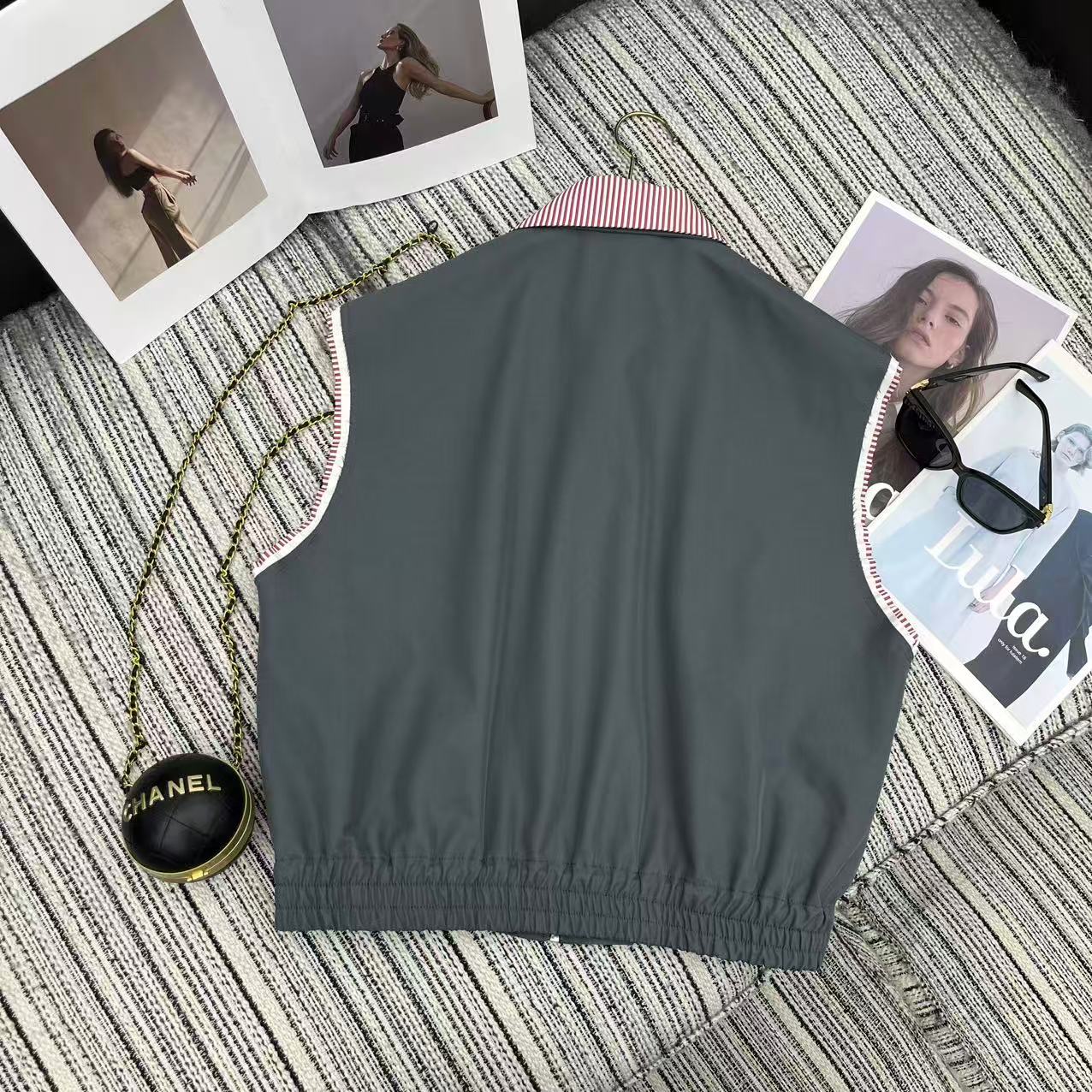 Miu Miu 2026 Striped Collared Vest Jacket Gray and Pink Cotton
