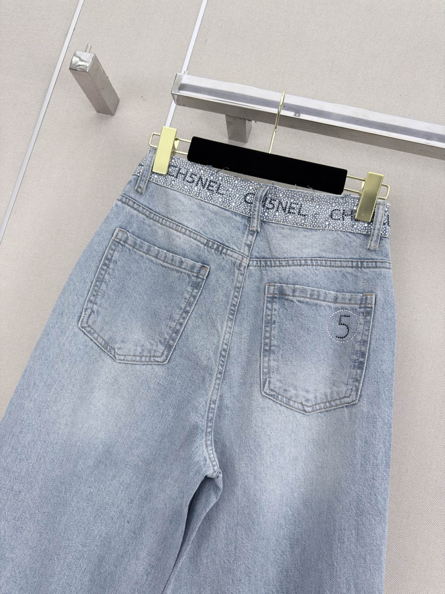 Chanel 2026 Wide-leg Pants With Rhinestone Waist Blue Cotton 371501