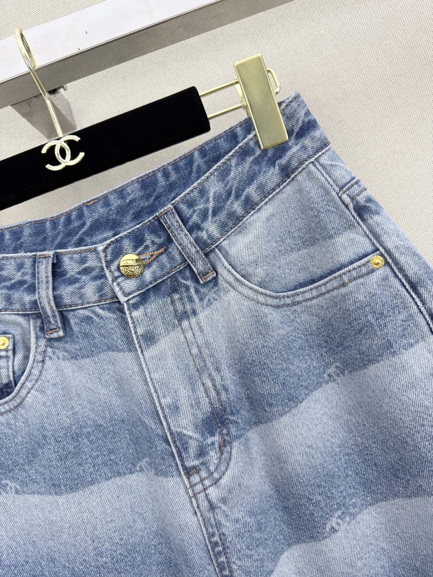 Chanel 2026 Double C Logo Striped Print Denim Wide-leg Pant Blue Cotton 311192