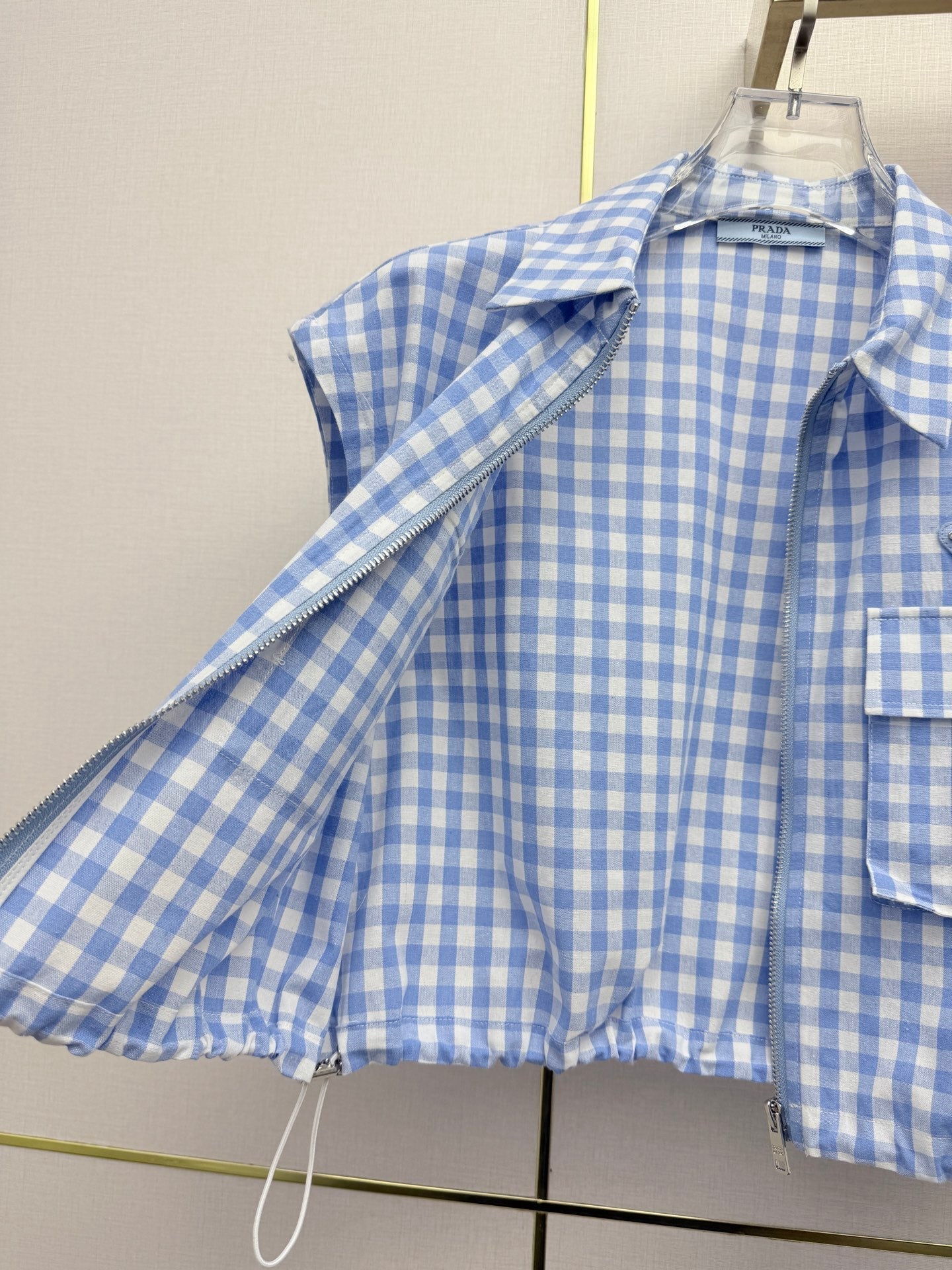 Prada 2026 Plaid Top With Short Blue White Cotton 393519