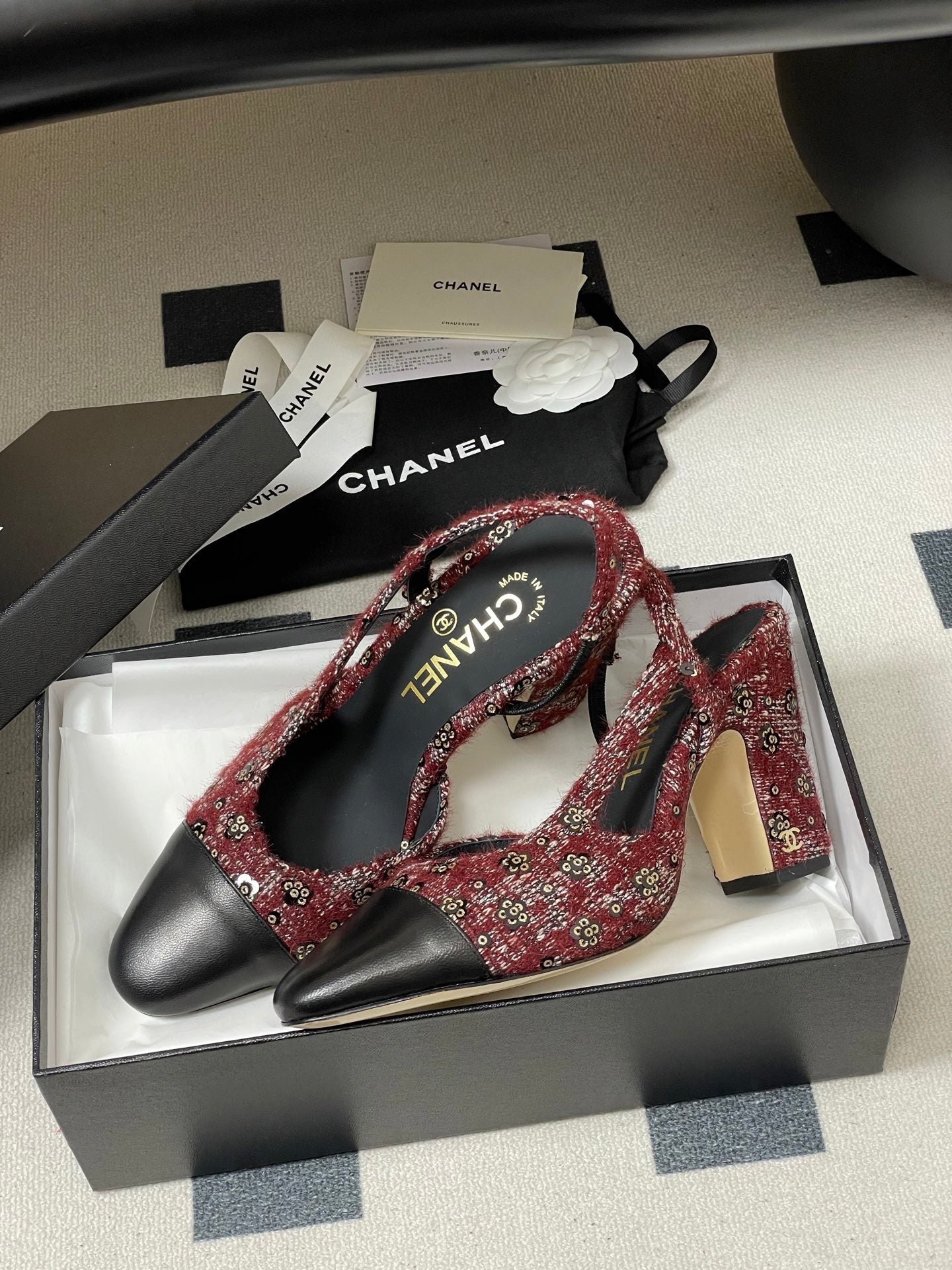 CC 26s Slingback 95 Dark Red Black Tweed Sheepskin 649422