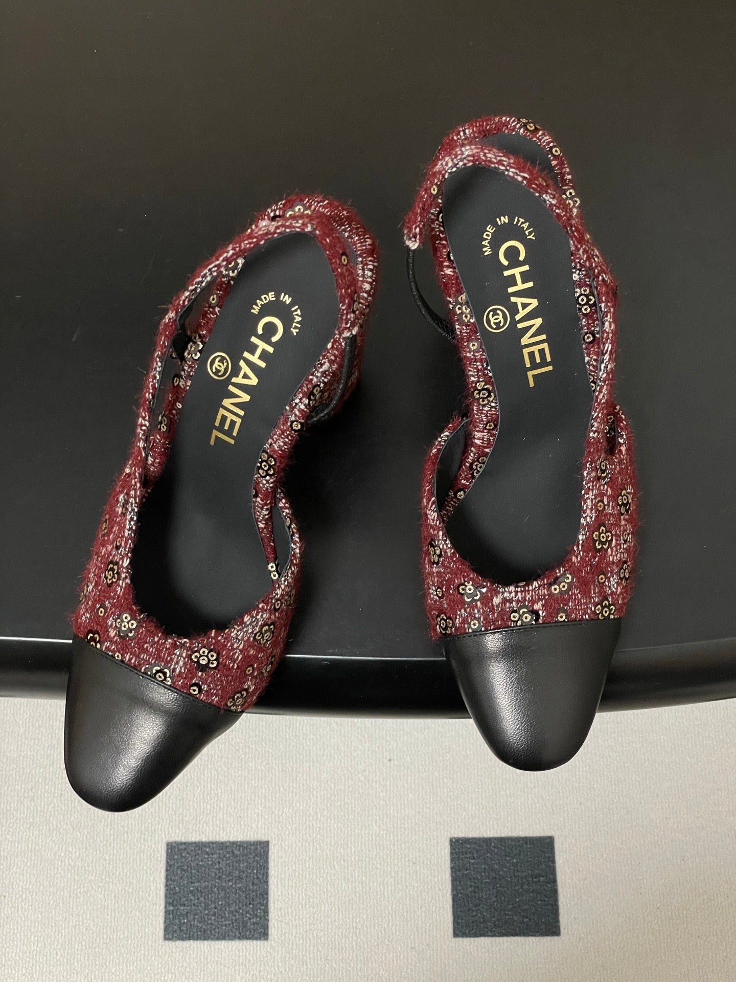 CC 26s Slingback 95 Dark Red Black Tweed Sheepskin 649422