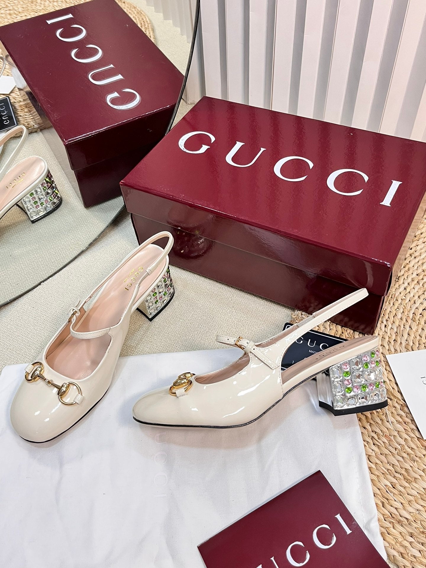 GC Horsebit Slingback with Crystal 60mm Ivory Patent Leather 294599