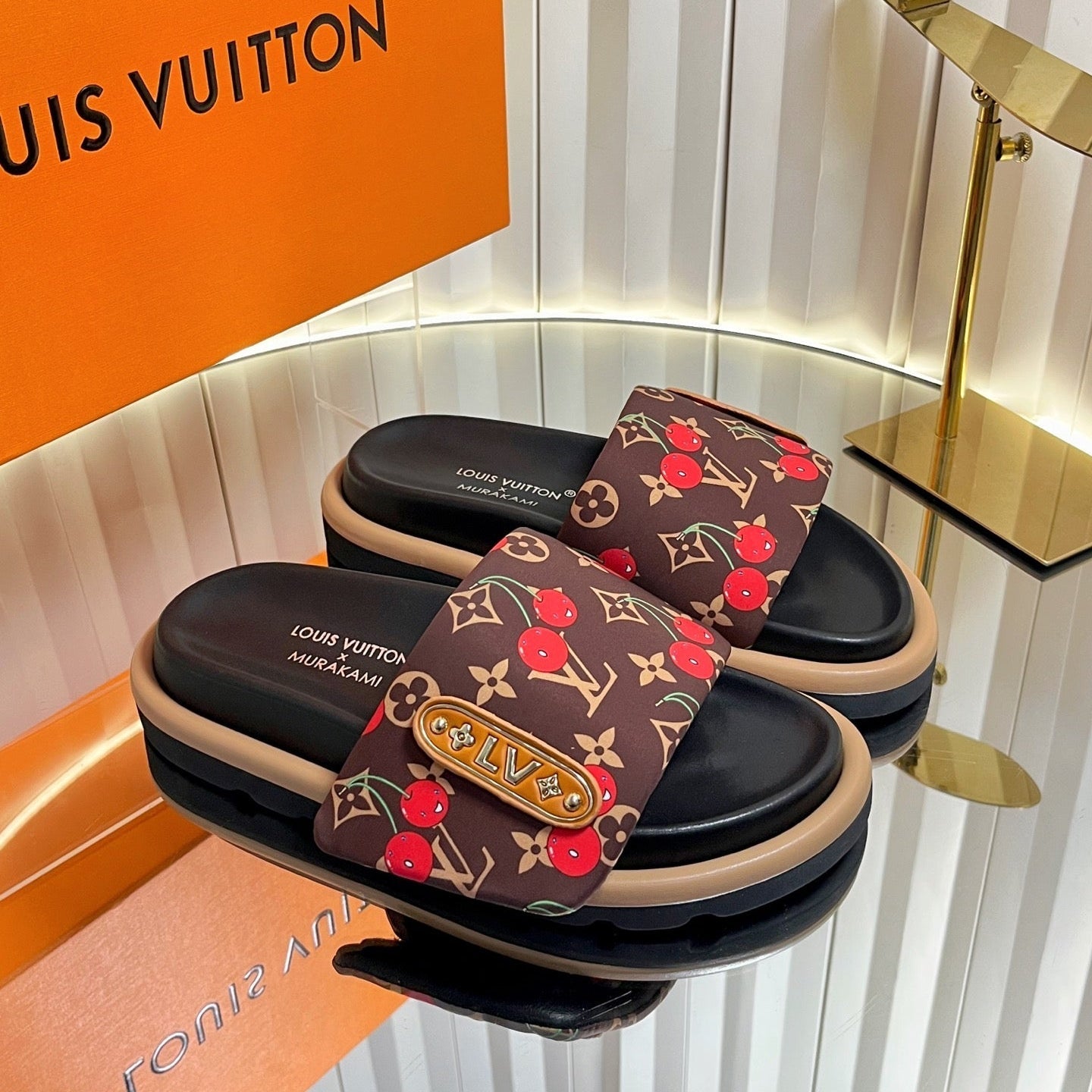 LV 26s Slippers Black Brown Red Fabric Sheepskin 616349