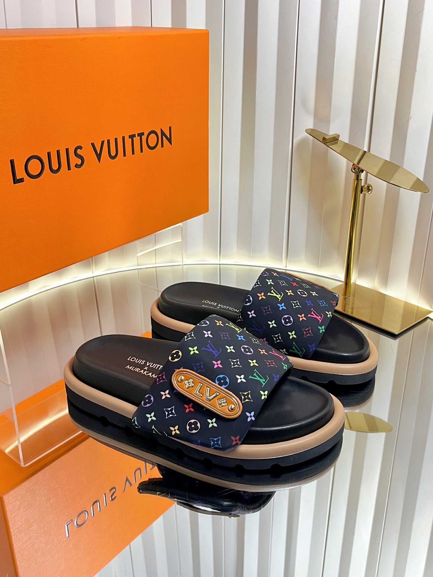 LV 26s Slippers Black Multicolor Fabric Sheepskin 616354