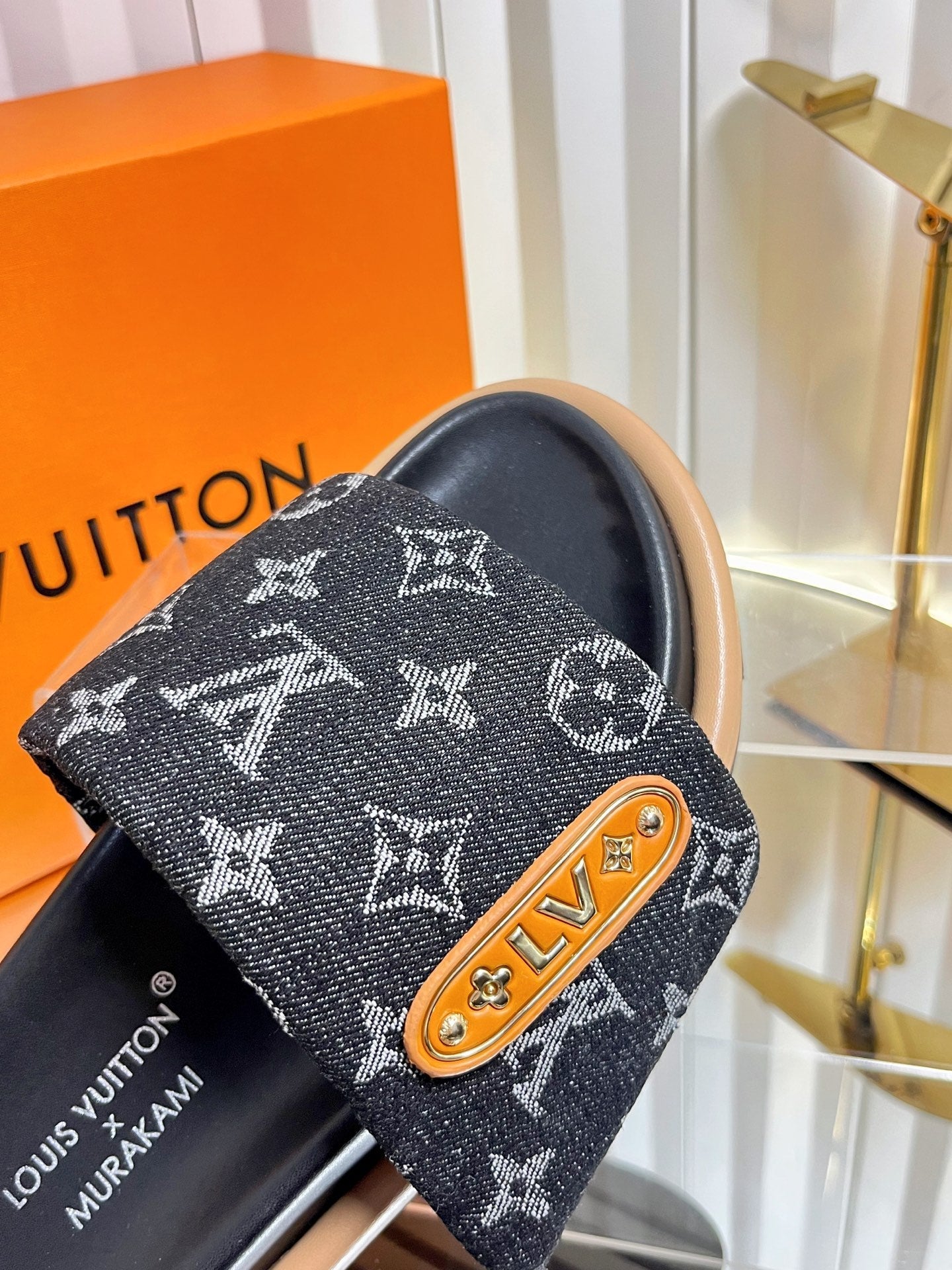 LV 26s Slippers Black Denim Sheepskin 616359