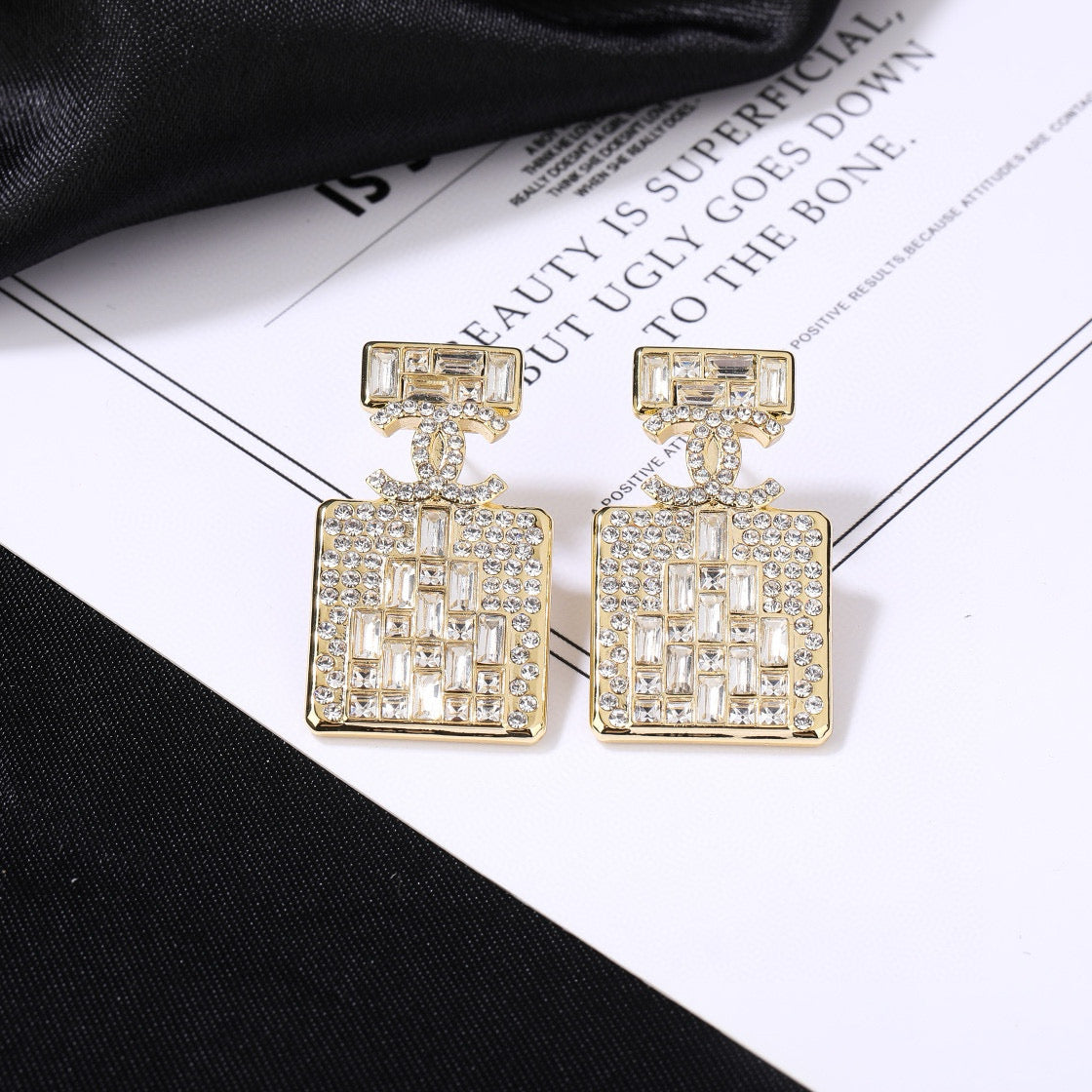 CC Perfume Bottle Gold Diamond Earrings