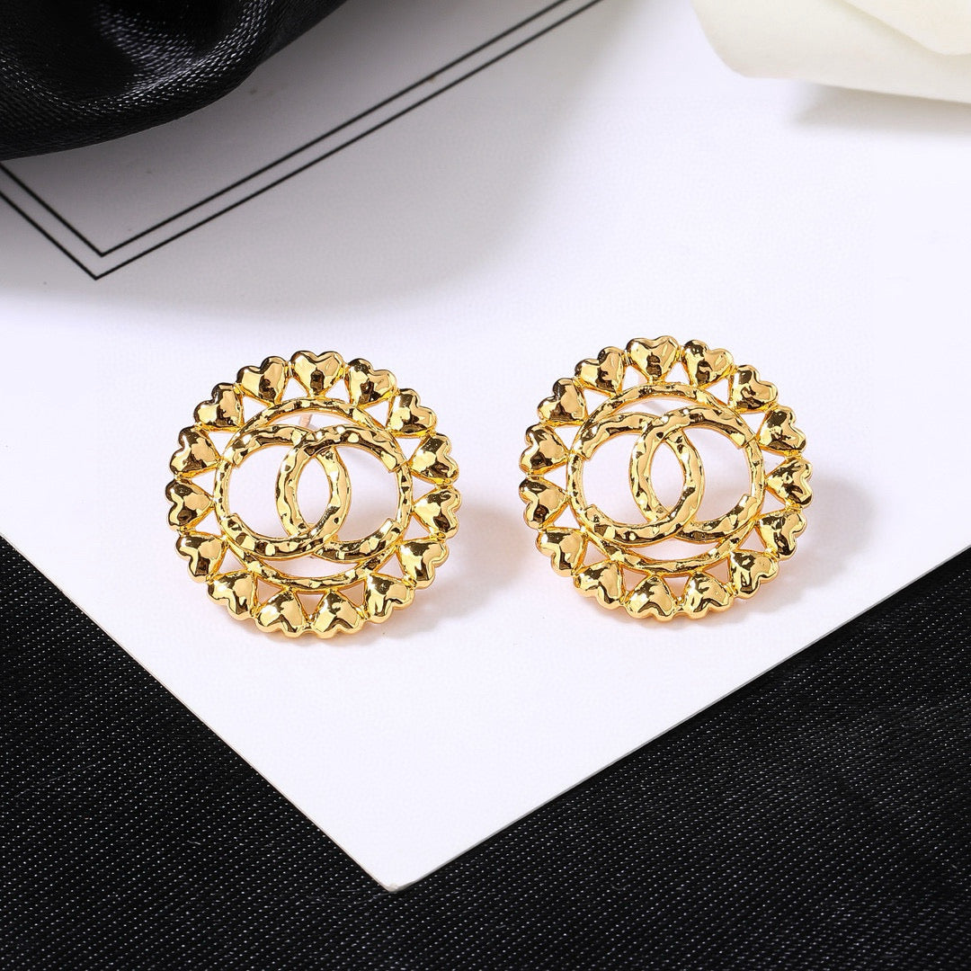 CC Metal Heart Double C Gold Earrings