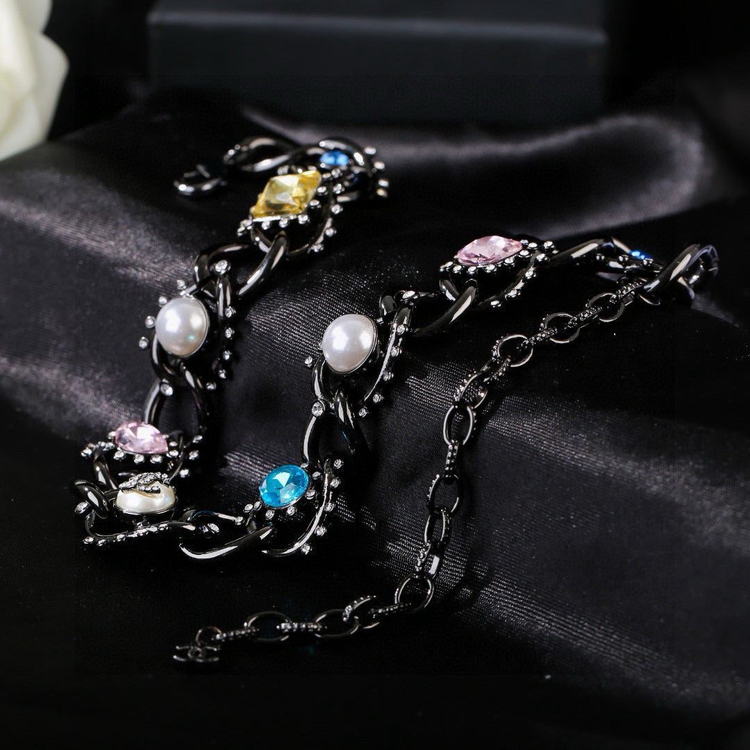 CC Multicolor Crystal Pearl Black Necklace