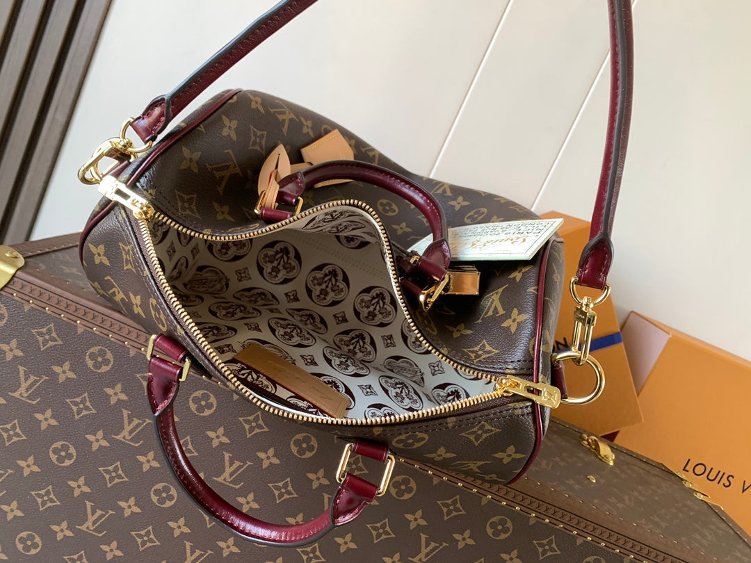 LV 2026 Speedy Soft Bag 30cm Brown Burgundy Canvas Cowhide 281457