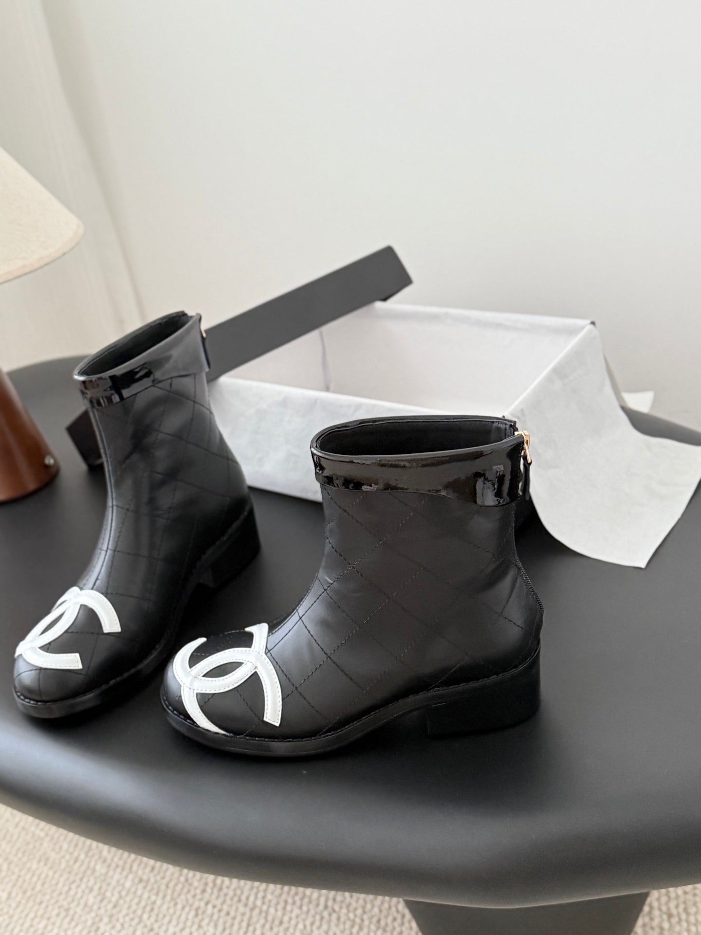 CC 2025 Vintage Cambon Mid-Calf Short Boots Black White Cowhide 550634
