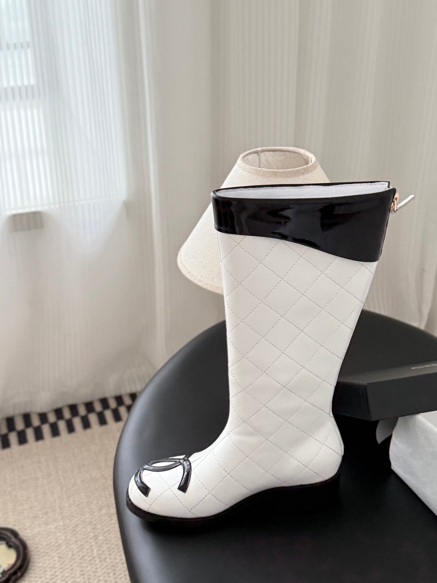 CC 2025 Vintage Cambon Mid-Calf Boots White Black Cowhide 550638