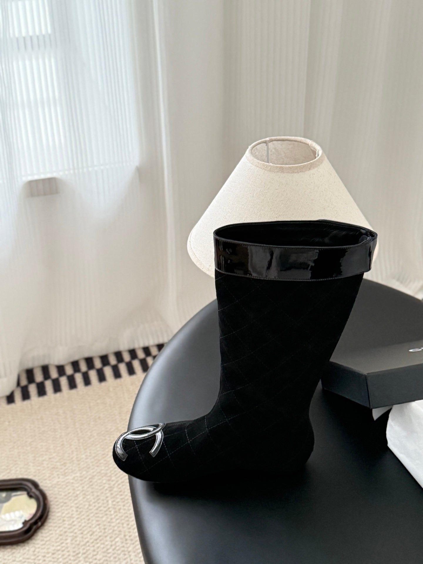 CC 2025 Vintage Cambon Mid-Calf Boots Black Suede Patent Leather 550641