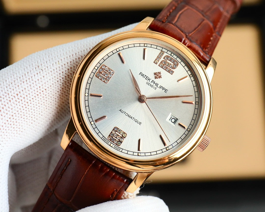 Patek Philippe Calatrava 40mm Gemstone-set Hour Marker Silver Dial Brown Leather Strap