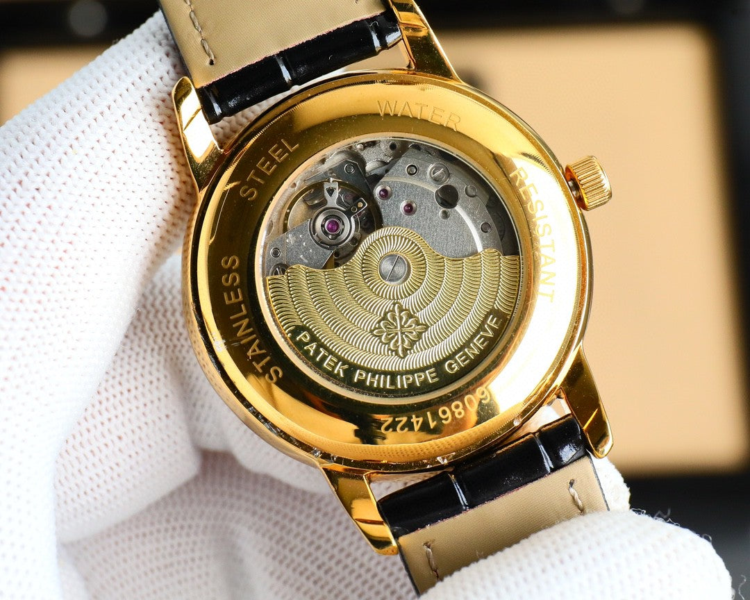 Patek Philippe Calatrava 40mm Gemstone-set Hour Marker Gold Dial Black Leather Strap