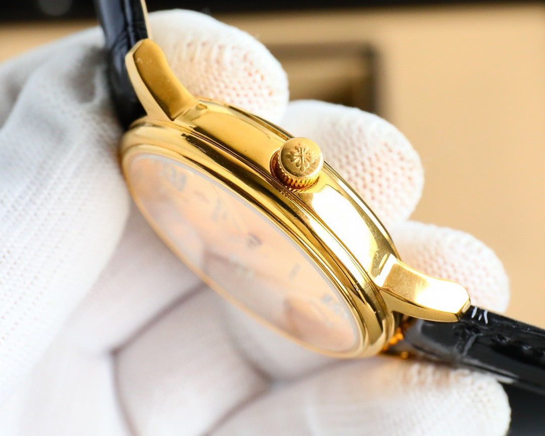 Patek Philippe Calatrava 40mm Gemstone-set Hour Marker Gold Dial Black Leather Strap