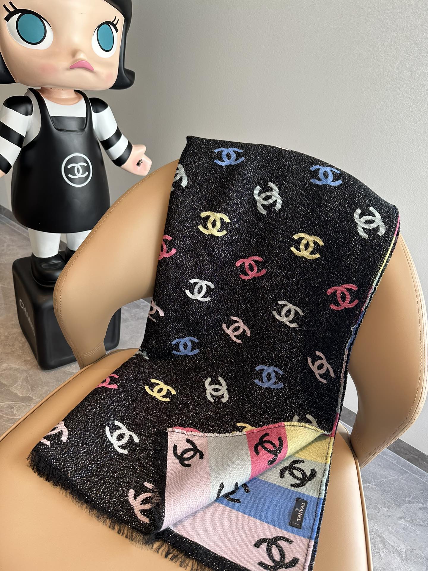 CC Scarf 180 CM In Black Mix Rainbow Cashmere And Wool Mix Mulberry Silk 340229