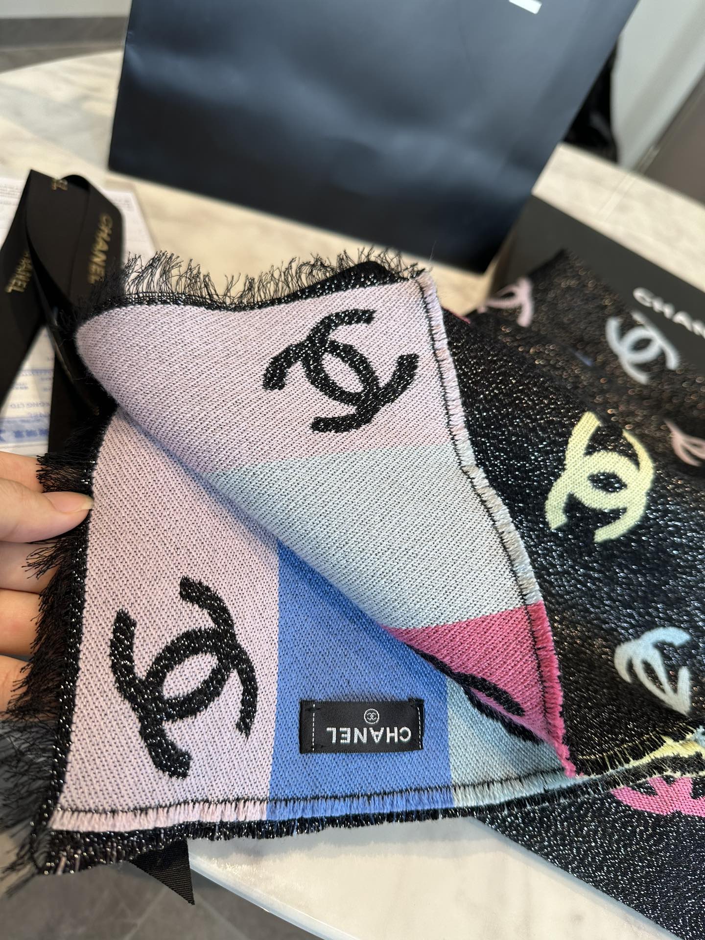 CC Scarf 180 CM In Black Mix Rainbow Cashmere And Wool Mix Mulberry Silk 340229
