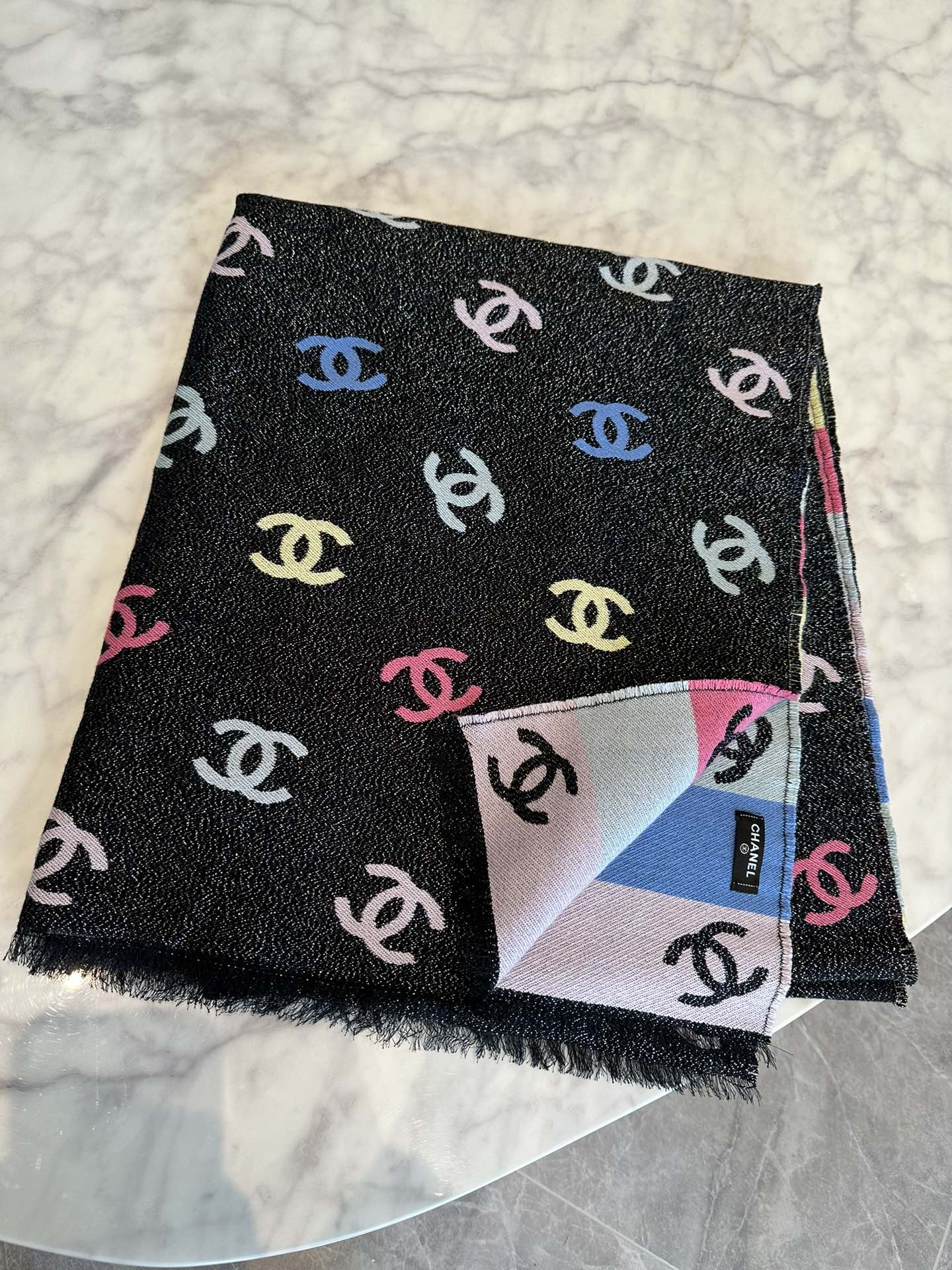 CC Scarf 180 CM In Black Mix Rainbow Cashmere And Wool Mix Mulberry Silk 340229