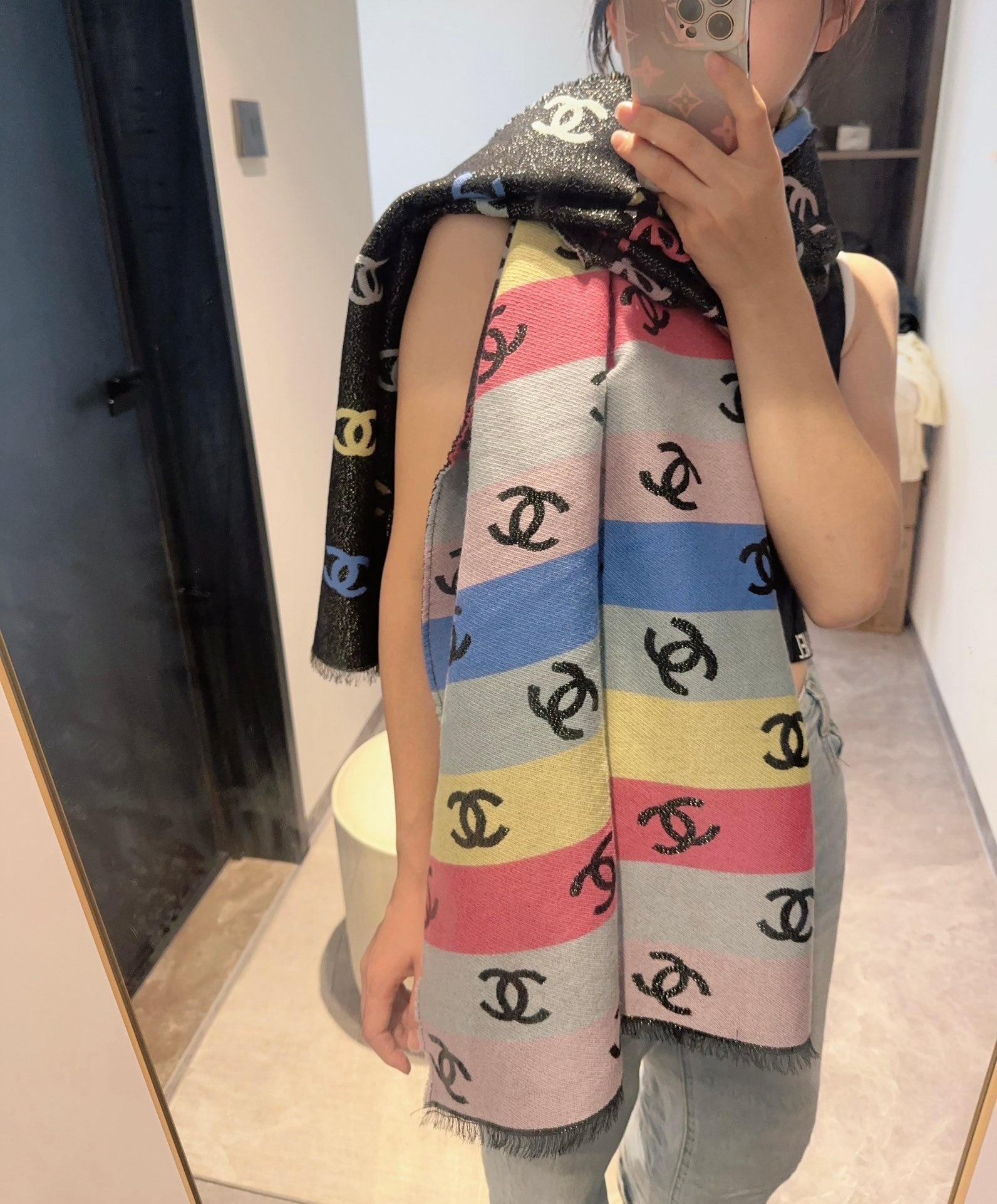 CC Scarf 180 CM In Black Mix Rainbow Cashmere And Wool Mix Mulberry Silk 340229