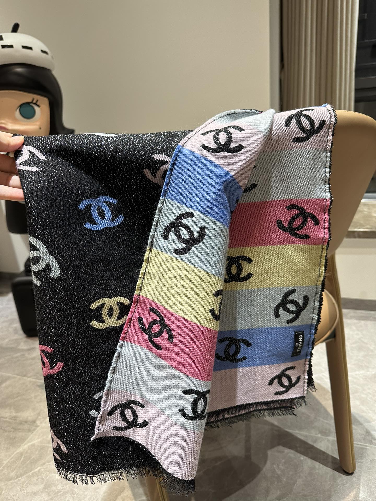CC Scarf 180 CM In Black Mix Rainbow Cashmere And Wool Mix Mulberry Silk 340229
