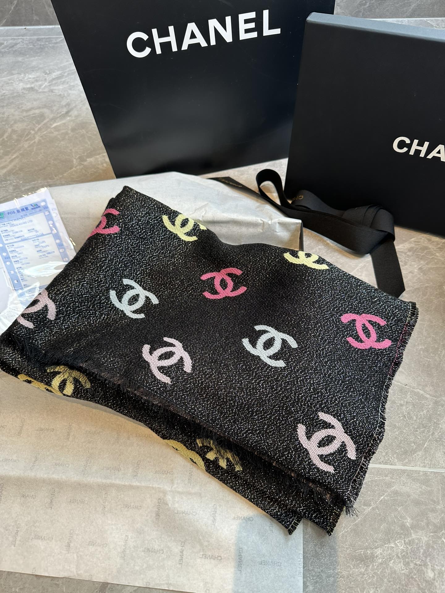 CC Scarf 180 CM In Black Mix Rainbow Cashmere And Wool Mix Mulberry Silk 340229