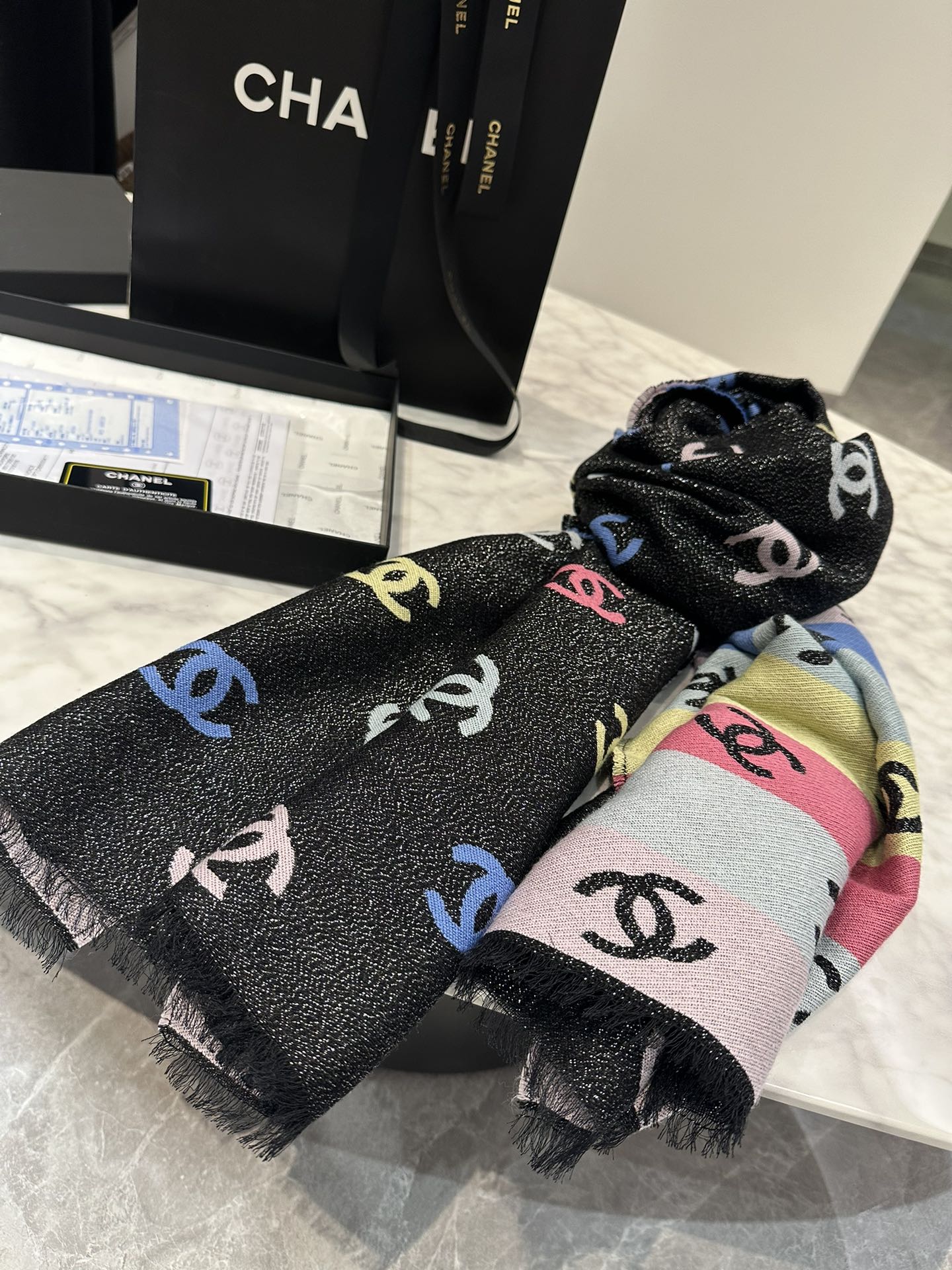 CC Scarf 180 CM In Black Mix Rainbow Cashmere And Wool Mix Mulberry Silk 340229