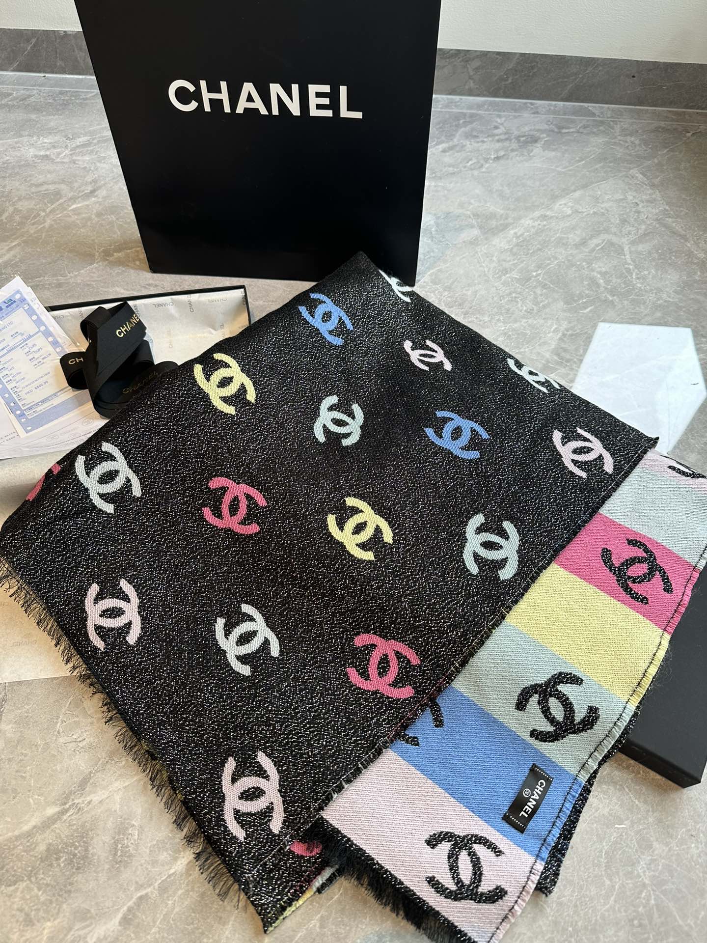 CC Scarf 180 CM In Black Mix Rainbow Cashmere And Wool Mix Mulberry Silk 340229