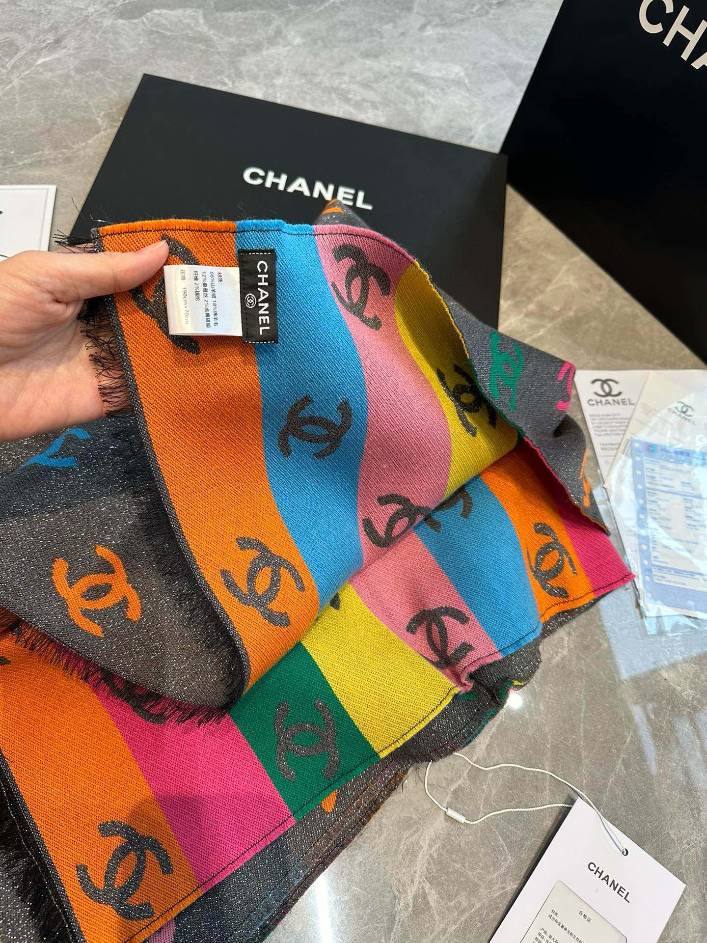 CC Scarf 180 CM In Black Mix Rainbow Cashmere And Wool Mix Mulberry Silk 401988