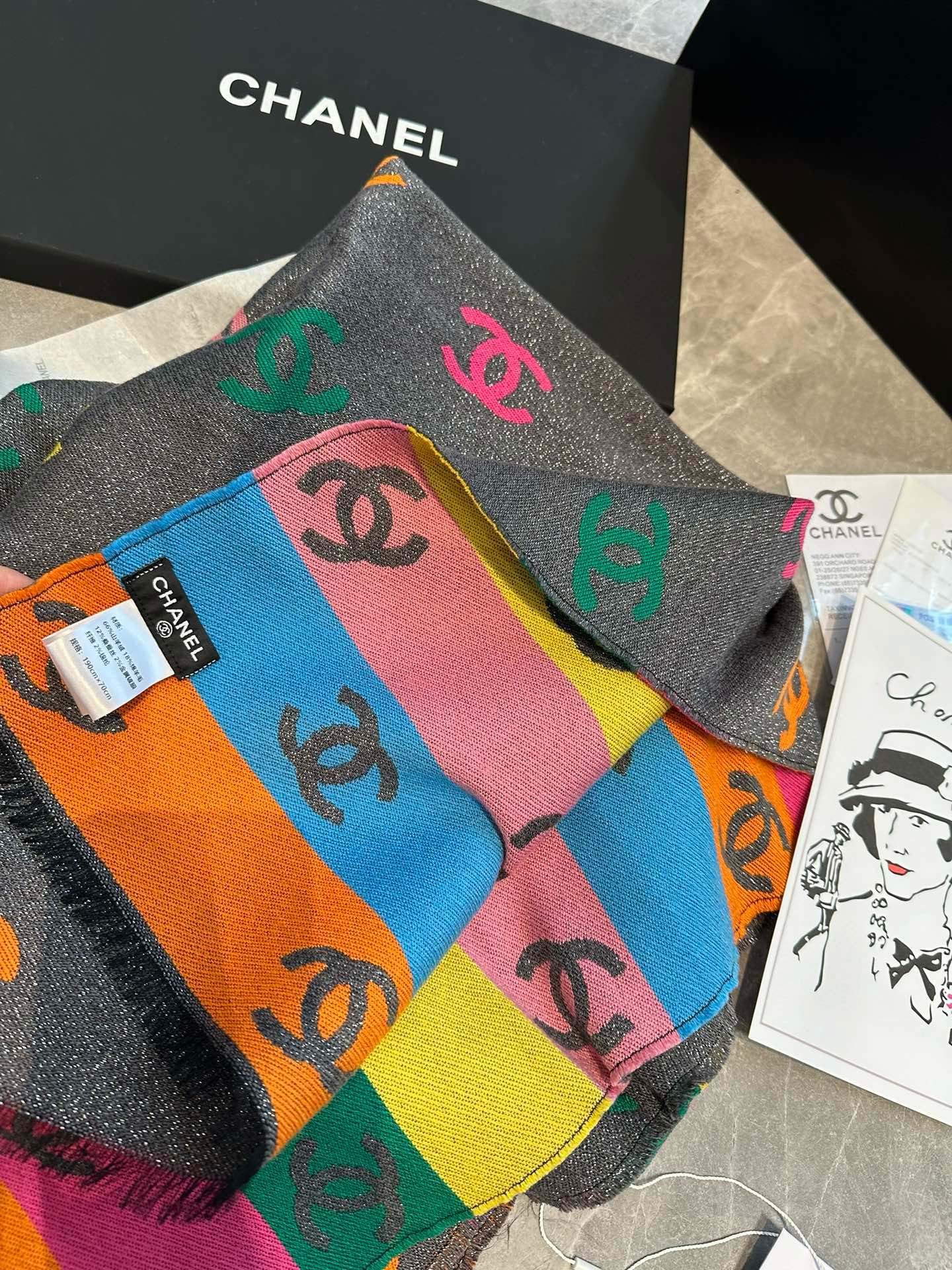 CC Scarf 180 CM In Black Mix Rainbow Cashmere And Wool Mix Mulberry Silk 401988