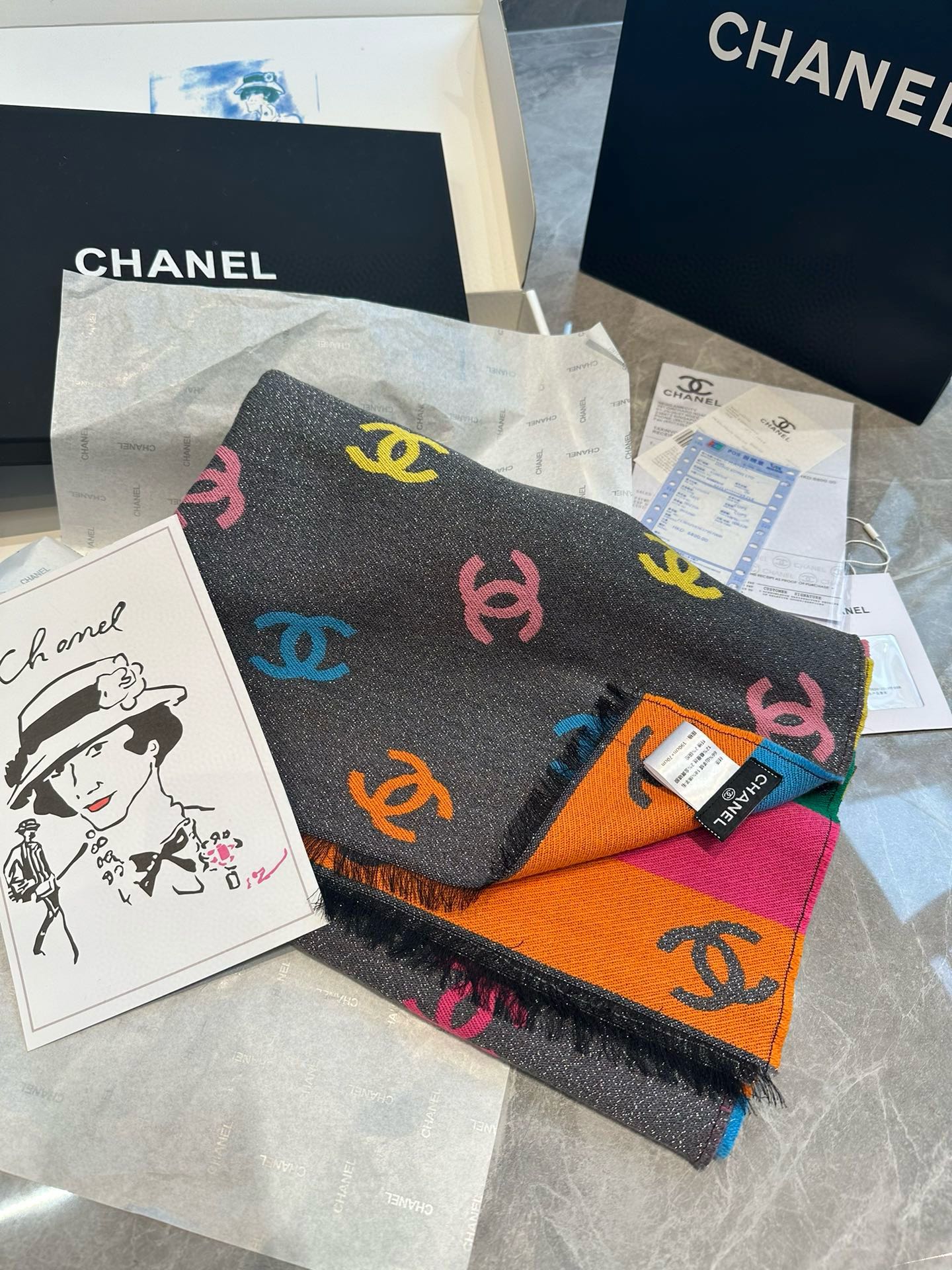 CC Scarf 180 CM In Black Mix Rainbow Cashmere And Wool Mix Mulberry Silk 401988