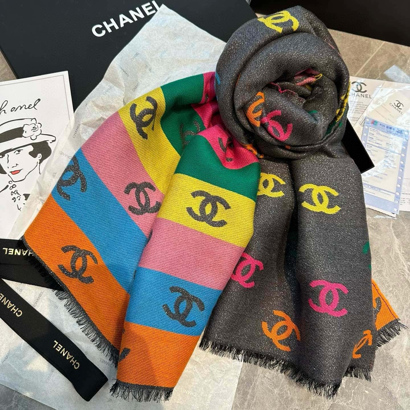 CC Scarf 180 CM In Black Mix Rainbow Cashmere And Wool Mix Mulberry Silk 401988