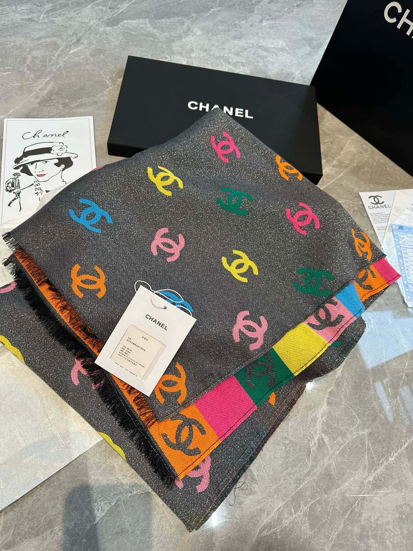CC Scarf 180 CM In Black Mix Rainbow Cashmere And Wool Mix Mulberry Silk 401988