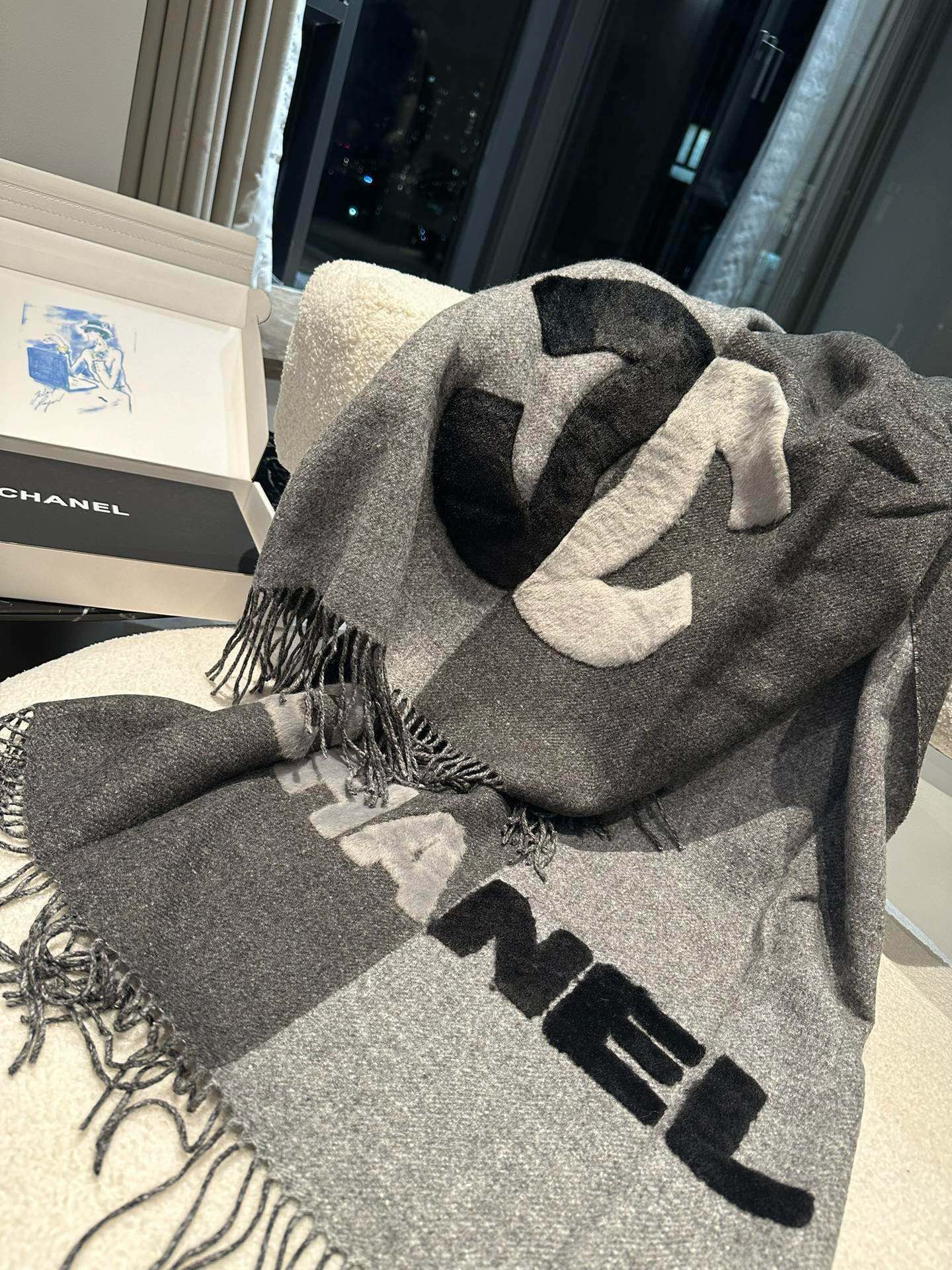 CC Scarf 200 CM In Dark Grey Mix Light Grey Fleece Wool 405153