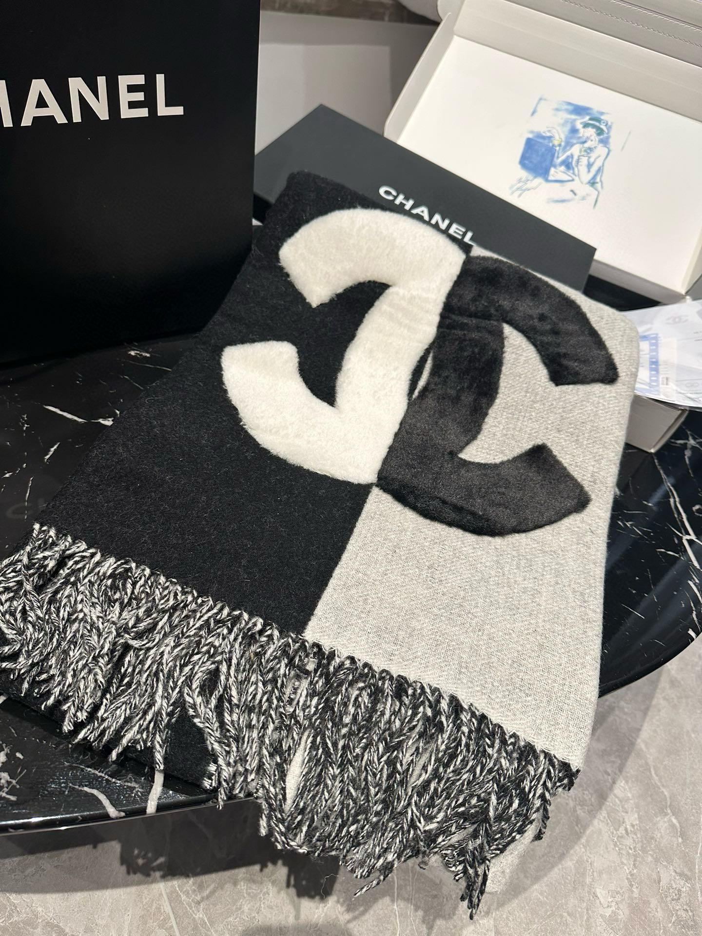 CC Scarf 200 CM In Black Mix White Fleece Wool  405155