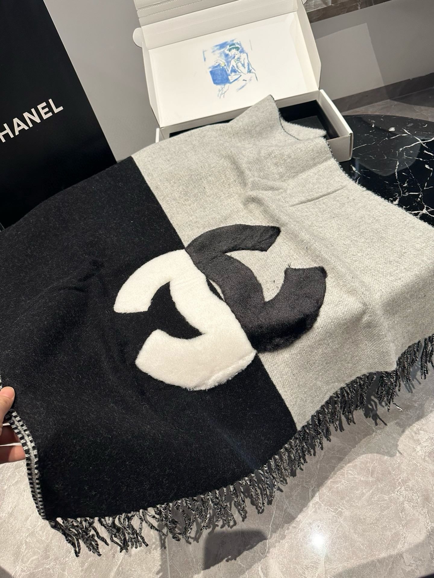CC Scarf 200 CM In Black Mix White Fleece Wool  405155