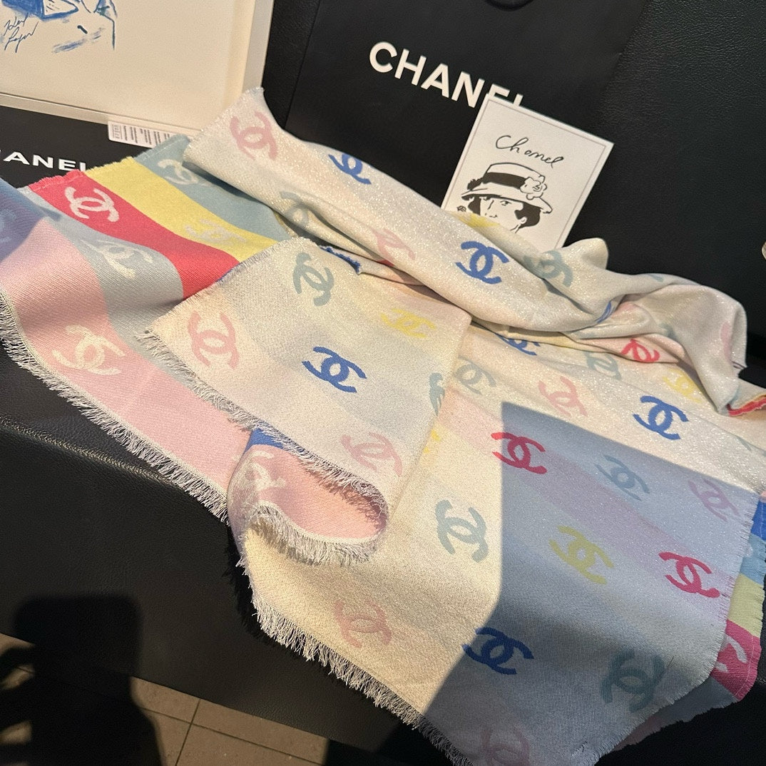 CC Scarf 180 CM In White Rainbow Cashmere Mix Wool And Mulberry Silk 422822