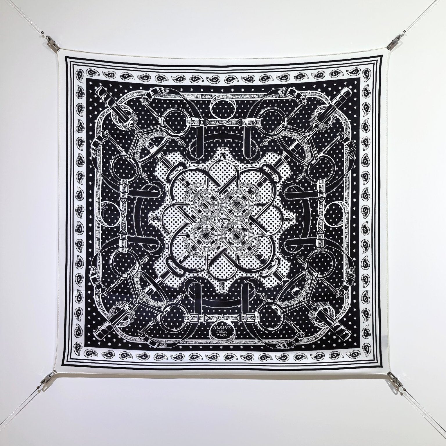 HM 26s Horse Scarf 90 Black White Colorful Cashmere Silk 138045