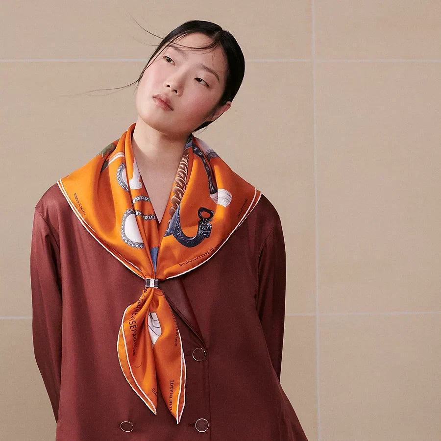 HM 26ss Double Sided Scarf 90 Orange Colorful Twill Silk 134426