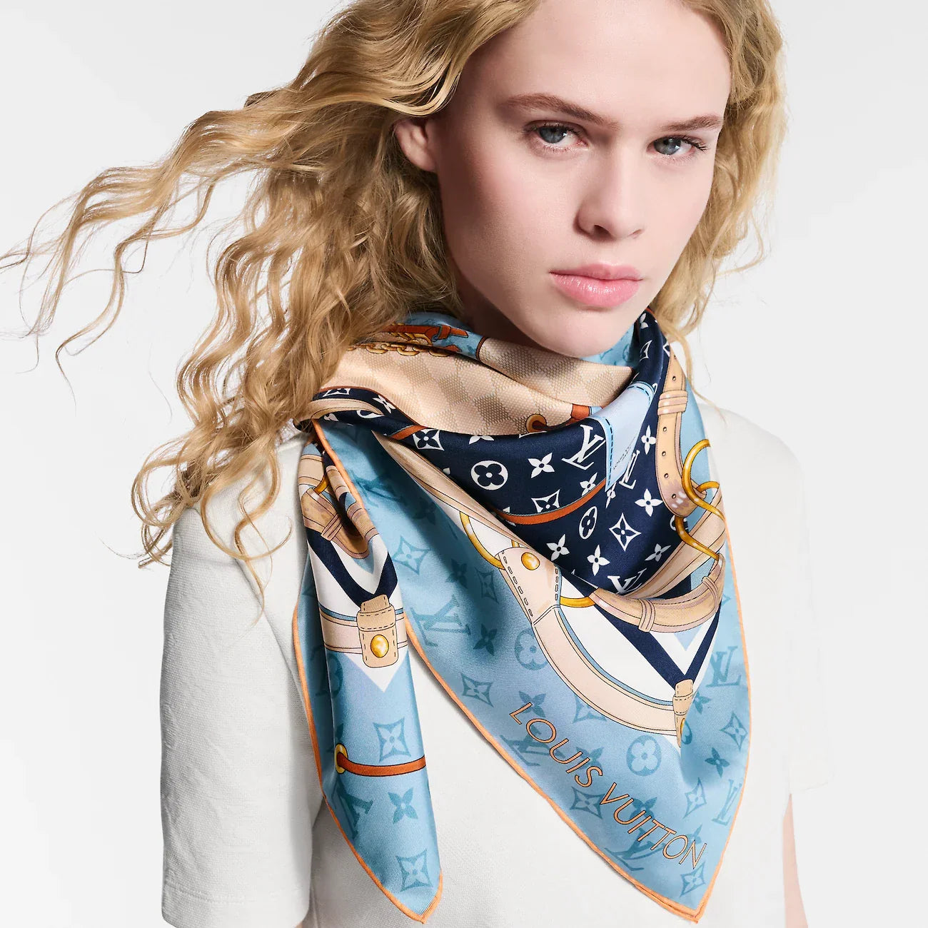 LV Double Sided Scarf 90 Blue Monogram Cashmere Silk 168756