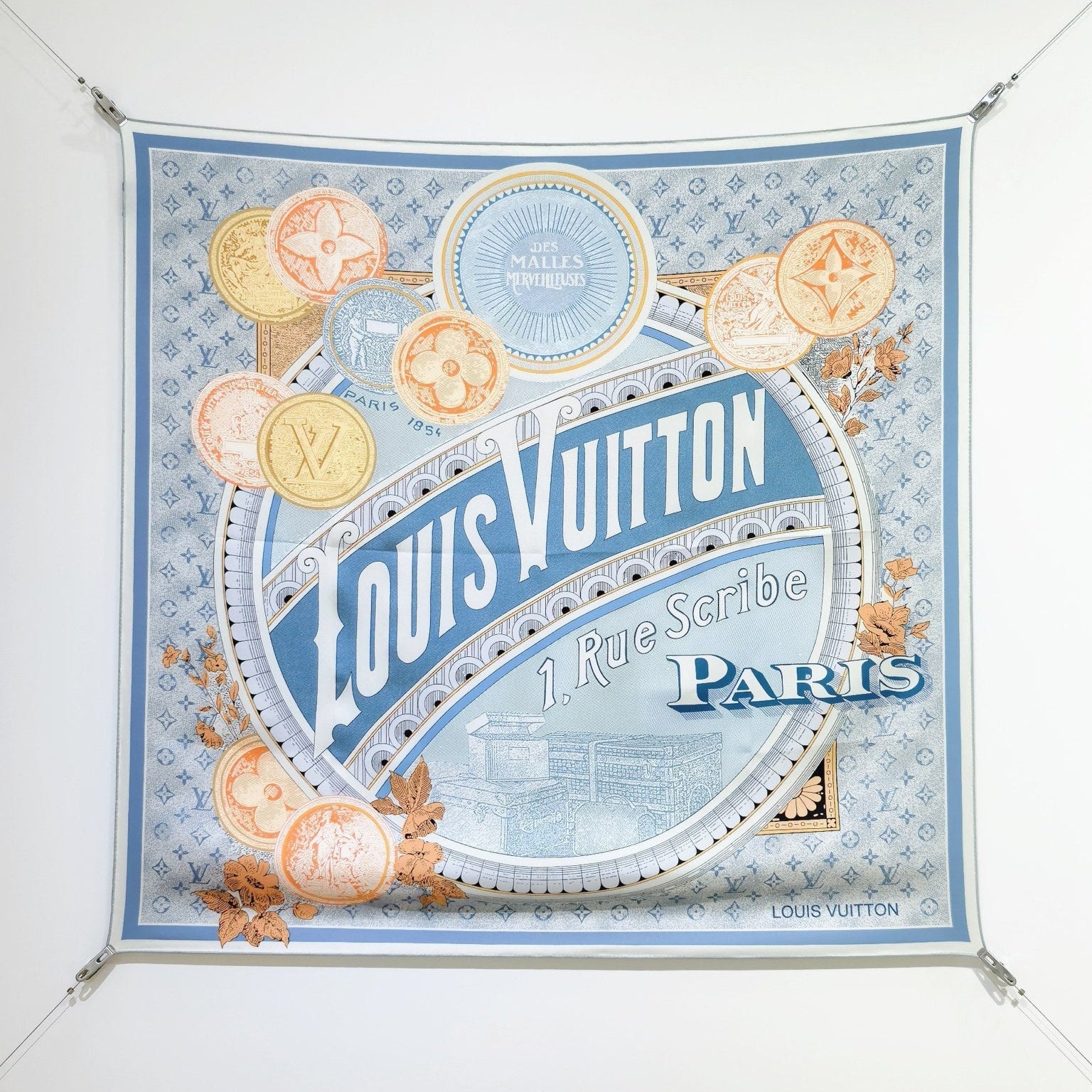 LV Double Sided Scarf 90 Blue Monogram Twill Silk 168748