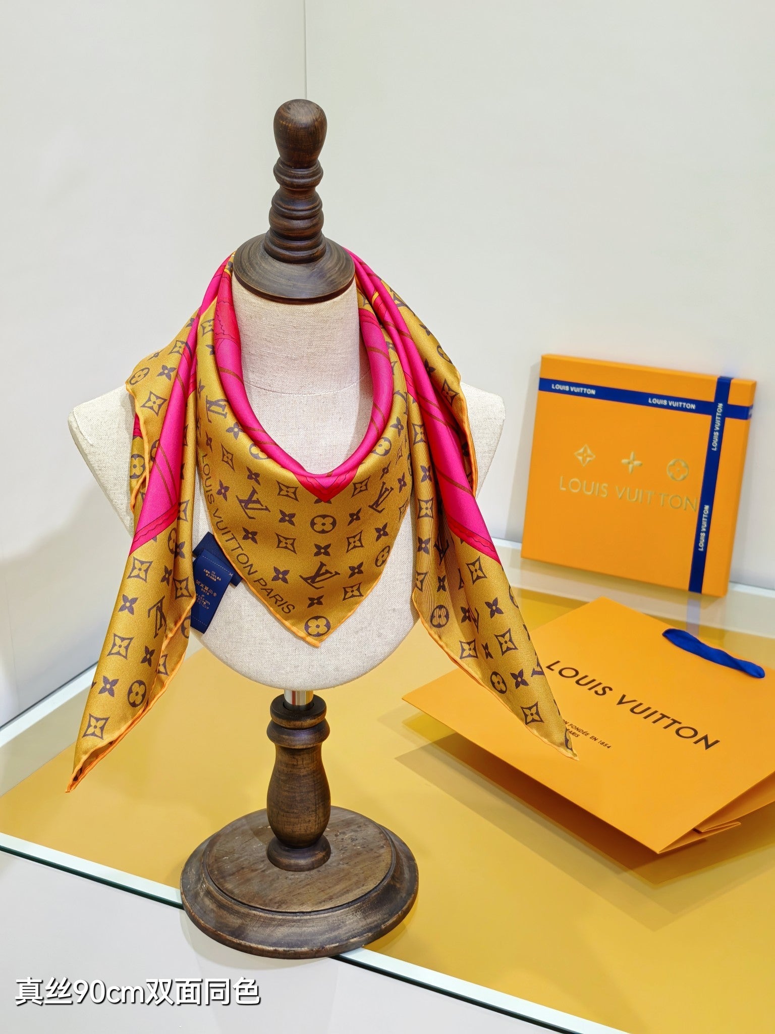 LV Double Sided Scarf 90 Pink Brown Monogram Cashmere Silk 168751