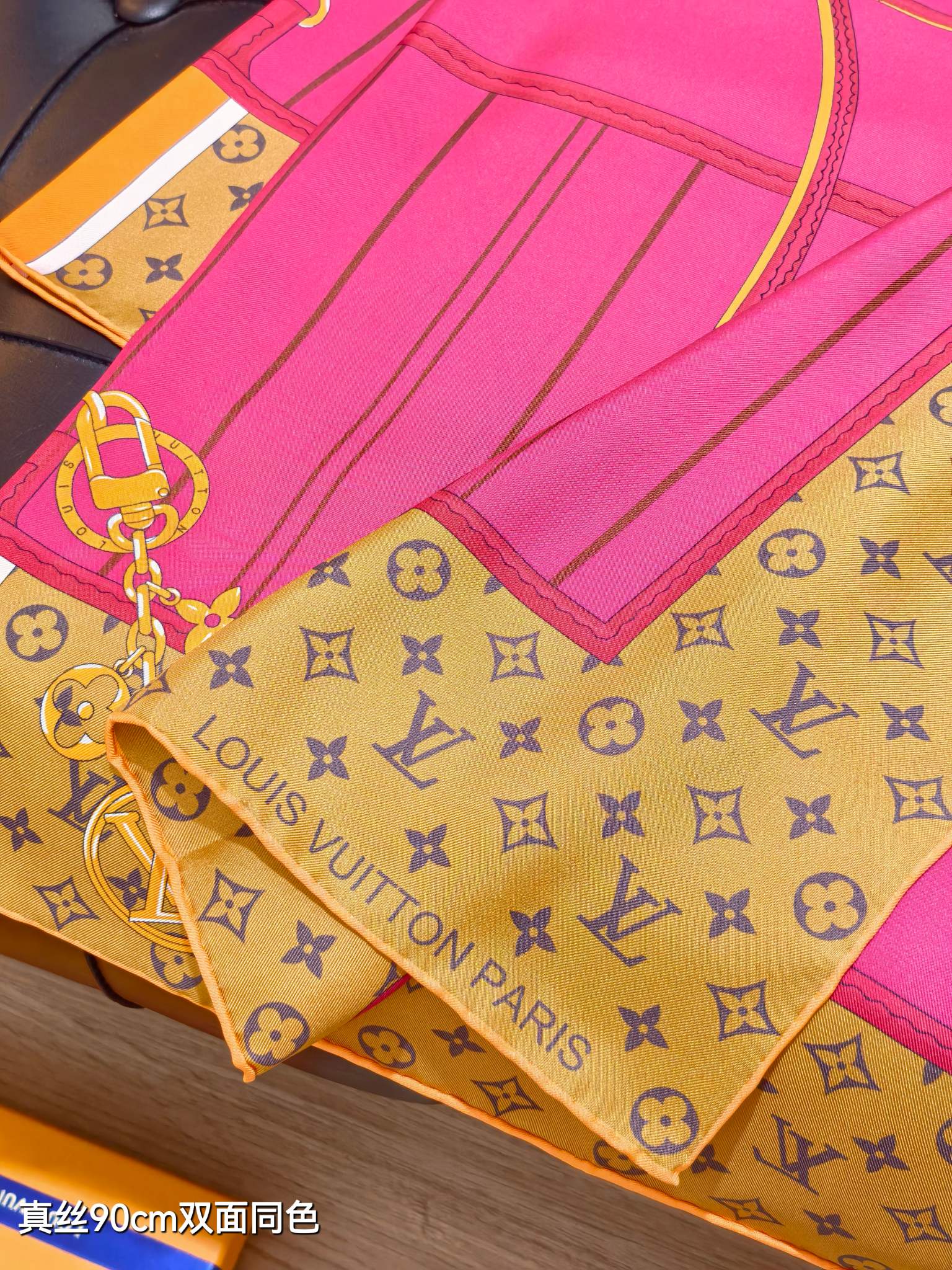 LV Double Sided Scarf 90 Pink Brown Monogram Cashmere Silk 168751