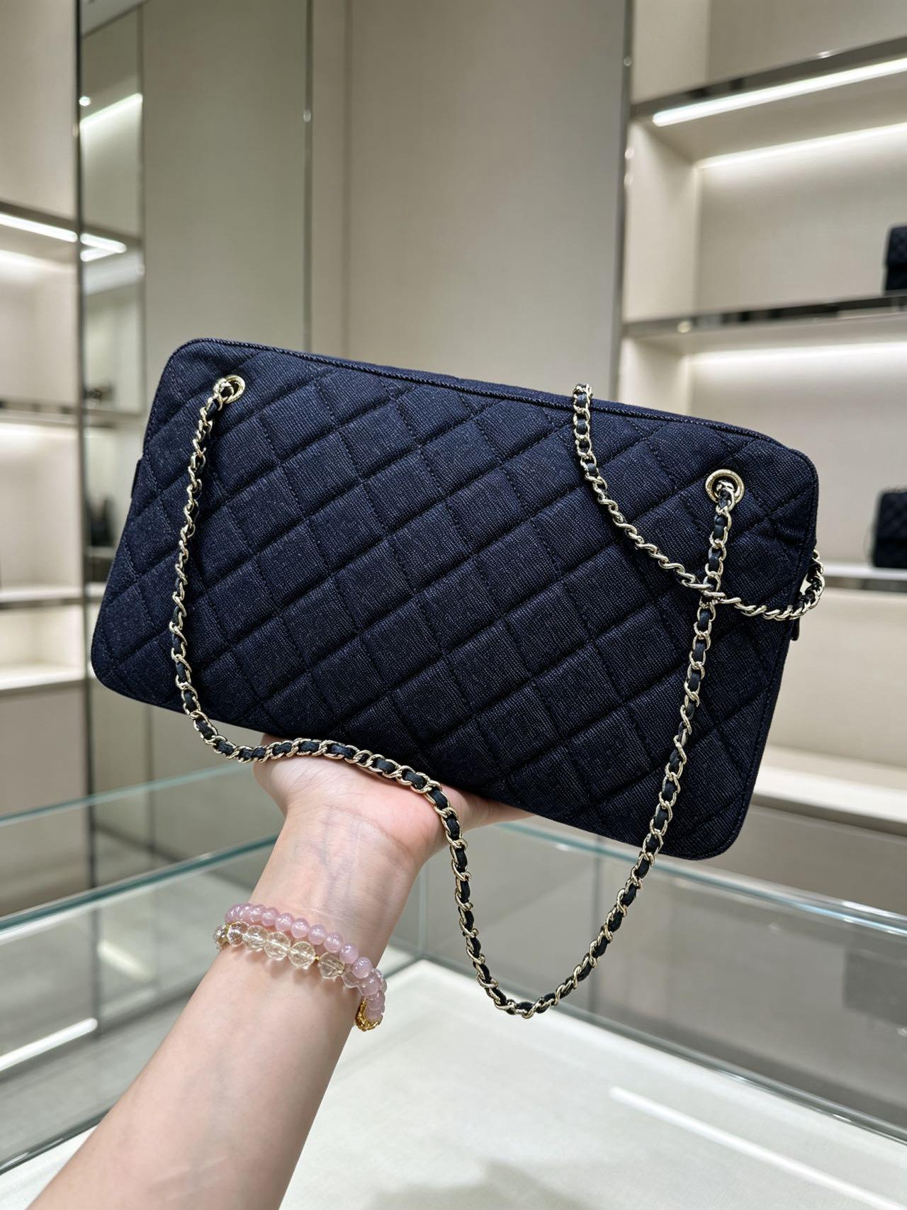 Chanel 2026 Double-chain Bowling Bag 33cm Blue Denim Leather
