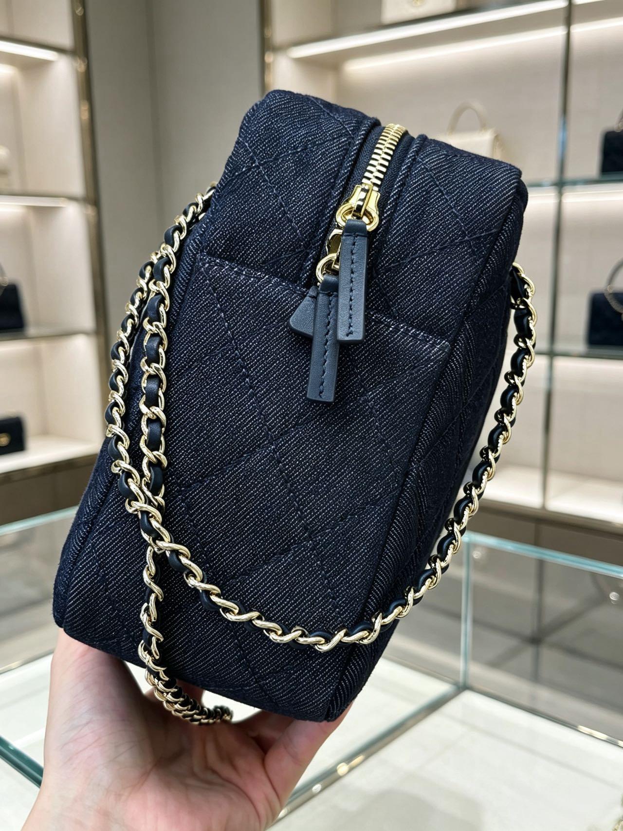 Chanel 2026 Double-chain Bowling Bag 33cm Blue Denim Leather
